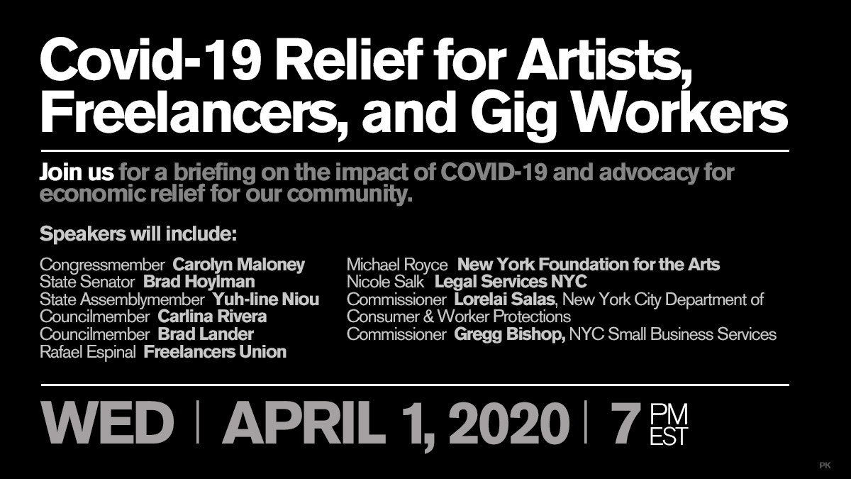 TypographyShop's tweet photo. Artists, freelancers and gig workers: attend a briefing on Covid-19 relief for our community. While a NY based event, it's relevant to freelancers everywhere. 7PM EST tonight, 4.1. Live: https://t.co/d0hU3QPnjE Video posted after event. #arts #freelancers #gigworkkers #designers https://t.co/HxIrAm31t9
