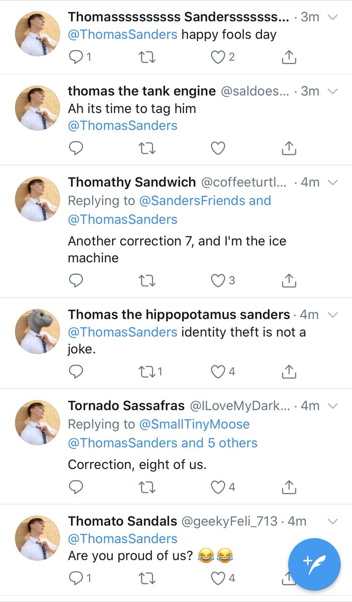ThomasSanders's tweet image. My followers really just succeeded in confusing the HECK out of me in my notifications... Well played April Fools prank, you tricky imps...