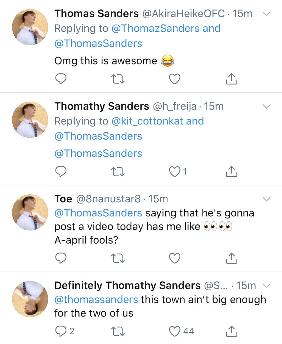ThomasSanders's tweet image. My followers really just succeeded in confusing the HECK out of me in my notifications... Well played April Fools prank, you tricky imps...