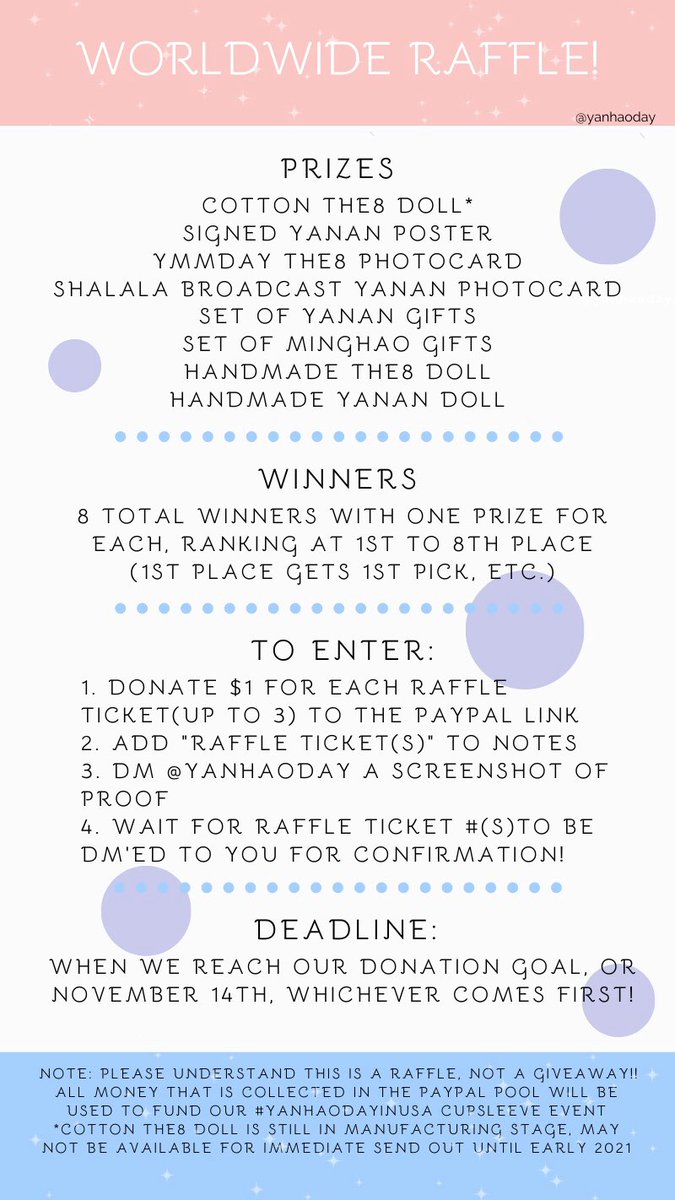 YanHaoDay's tweet photo. [OFFICIAL RAFFLE ANNOUNCEMENT]

Universe and Carats WORLDWIDE!

We are announcing our raffle to help raise funds for #YanHaoDayinUSA

•8 WINNERS•
•$1 PER TICKET(UP TO 3)•

PAYPAL POOL LINK: https://t.co/5V531BuR4s

(More pictures to be updated later)

PLEASE RT! https://t.co/KDQHKD3QP4