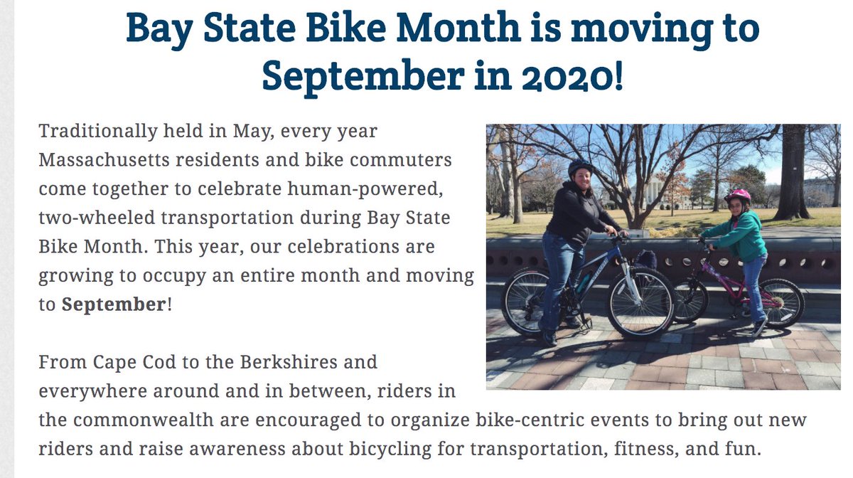 MassBike's tweet photo. It's *not* an April Fools joke: we're moving Bay State Bike Month to September!  We'll still promote bike-y events in May and all year long on our searchable calendar, we're delaying the Bike to Work Commuter Challenge and MassBike run Bike Month events.
https://t.co/FC062raXFh https://t.co/9gzWMzCGYb