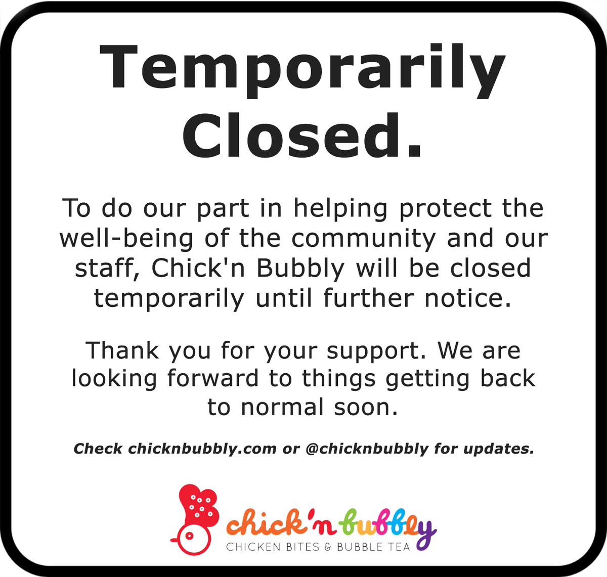 ChicknBubbly's tweet photo. Hello fans... We have decided to temporarily close Chick'n Bubbly for now. Thank you for your support #Pittsburgh, we can't wait to start serving your favorite Korean fried chicken again. Check here or our site for updates: https://t.co/MiTZvCywZe https://t.co/9HkHvkk3ES