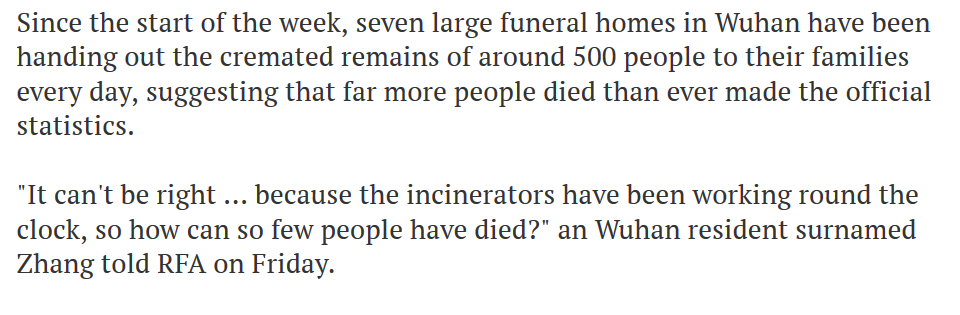 So the 40k figure would be wildly out of step with what we know of the characteristics of this virus.There's a reason for that. The ~40k figure is extrapolated entirely from anecdotal assertions that the city's 7 crematoriums "have been working around the clock."