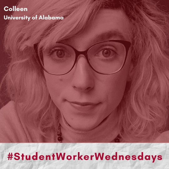 USAS's tweet photo. USAS launches #StudentWorkerWednesdays today and our first target is @UofAlabama
Colleen, pictured here, is an English major and learning assistant who has been laid off. Read her story: https://t.co/aYa2tnsJBs https://t.co/QGt6pd7kUc