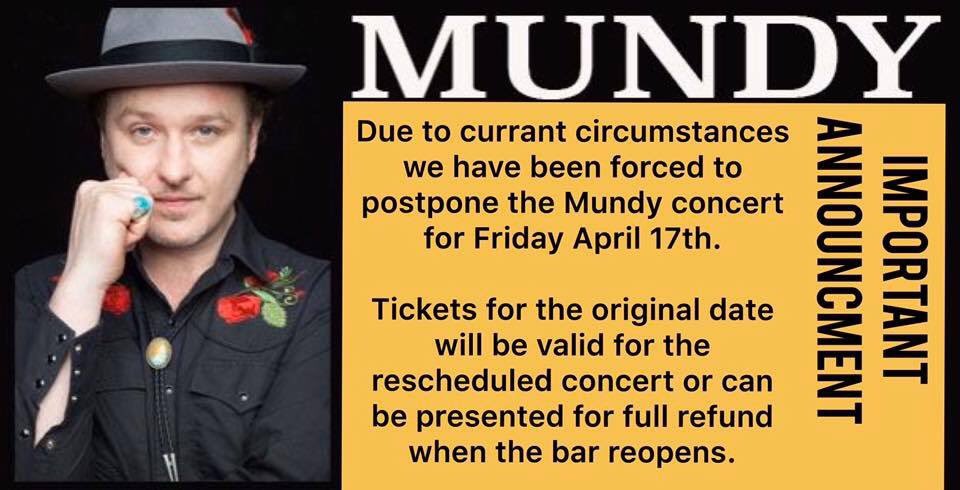 Important announcement regarding the <a href="/mundyirl/">Mundy</a> concert scheduled for Friday April 17th.