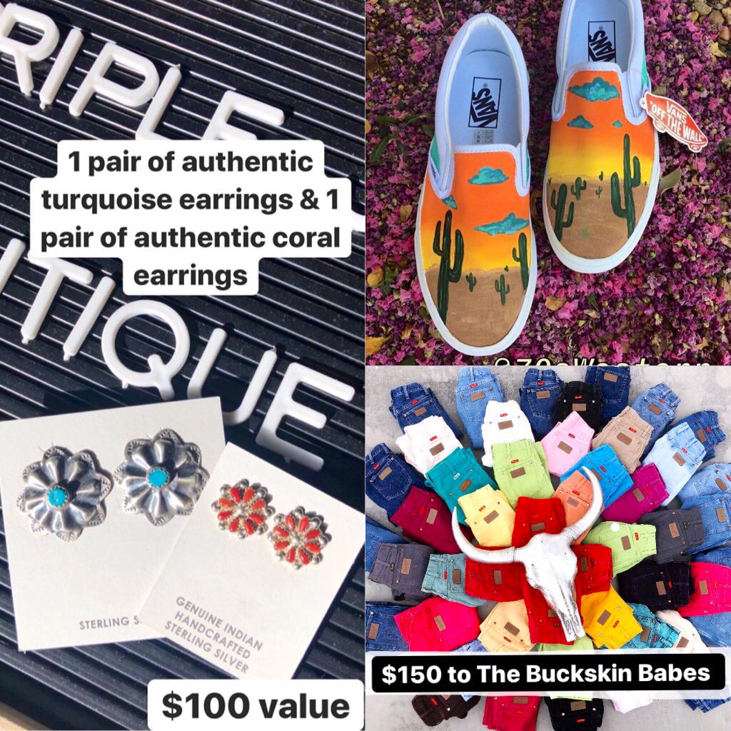 GIVEAWAY!! 

To enter:

-RT 
-Follow @triplej2019 <a href="/70sWestern/">★ Western 70s ★</a> <a href="/BuckskinBabes/">The Buckskin Babes ®</a> on Twitter 
-Follow all 3 boutiques on Instagram 

WINNER WILL RECEIVE: 

- $100 in value of authentic Turquoise &amp; Coral earrings 

-Custom painted pair of Keds

-$150 to The Buckskin Babes