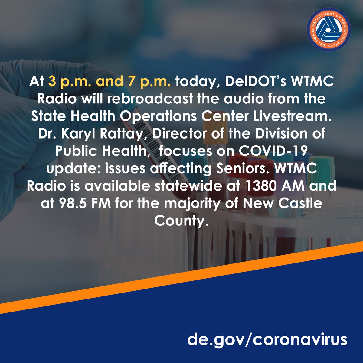 DelawareDOT's tweet photo. #COVIDー19 Update: WTMC Radio will be broadcasting today’s COVID-19 Update focusing on issues affecting Seniors at 3pm and 7pm. Listen on the radio, at https://t.co/neZM0ICd4m or on the free #DelDOTApp. #NetDE https://t.co/Ad6G4zU8AP