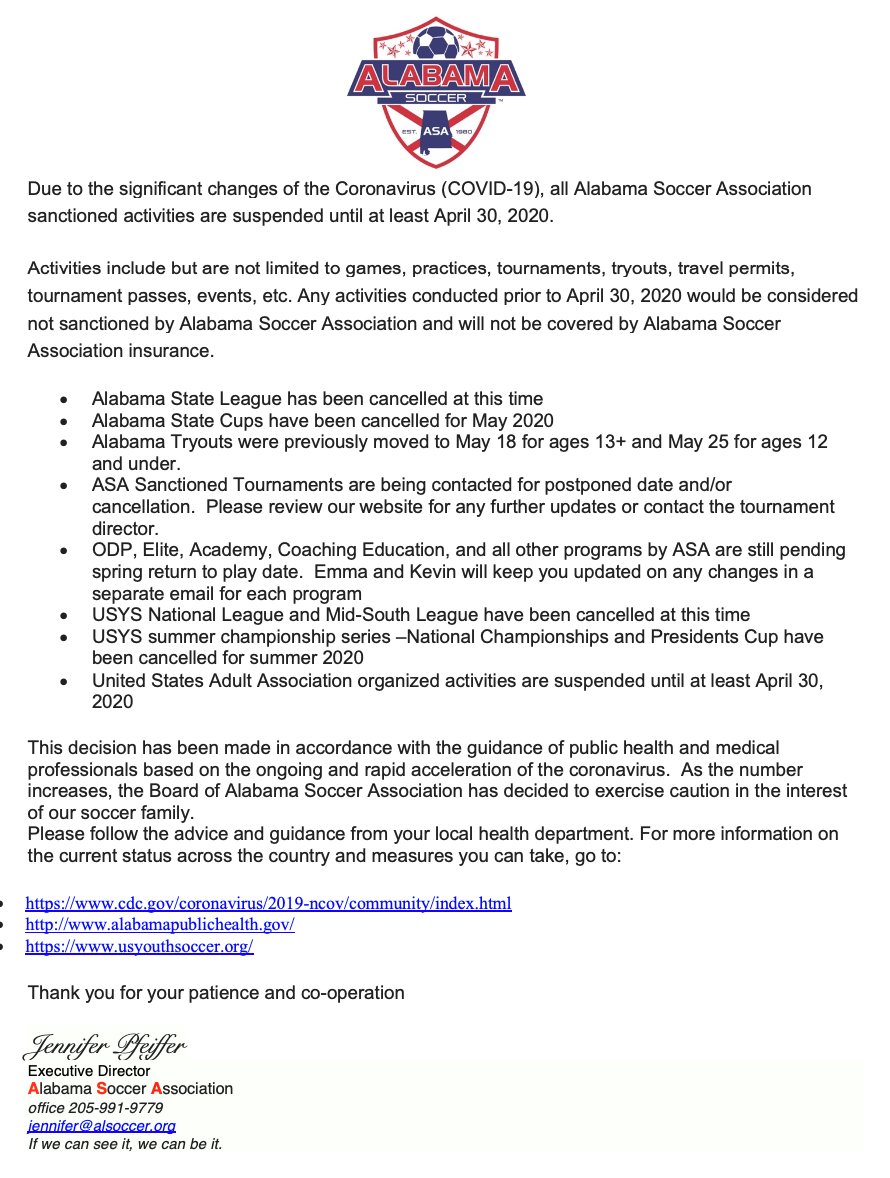 Alabama_Soccer's tweet photo. Please see attached for latest statement regarding COVID-19 play suspension from Executive Director Jennifer Pfeiffer https://t.co/jlbuR1g8uA