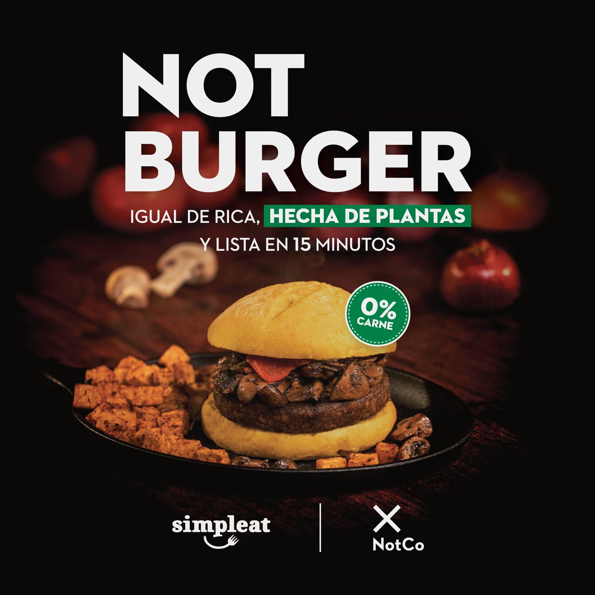 MUCHglobal's tweet photo. Una hamburguesa rica, hecha de plantas y lista para servir a la mesa en 15 minutos. No lo podés creer, ¿no? 

Así es la alianza de #NotCo y Simpleat, quienes se unieron para lanzar la NotBurger by NotCo, para que todos disfruten de un menú casero y sustentable desde sus casas (+) https://t.co/uxKIWjU7T3