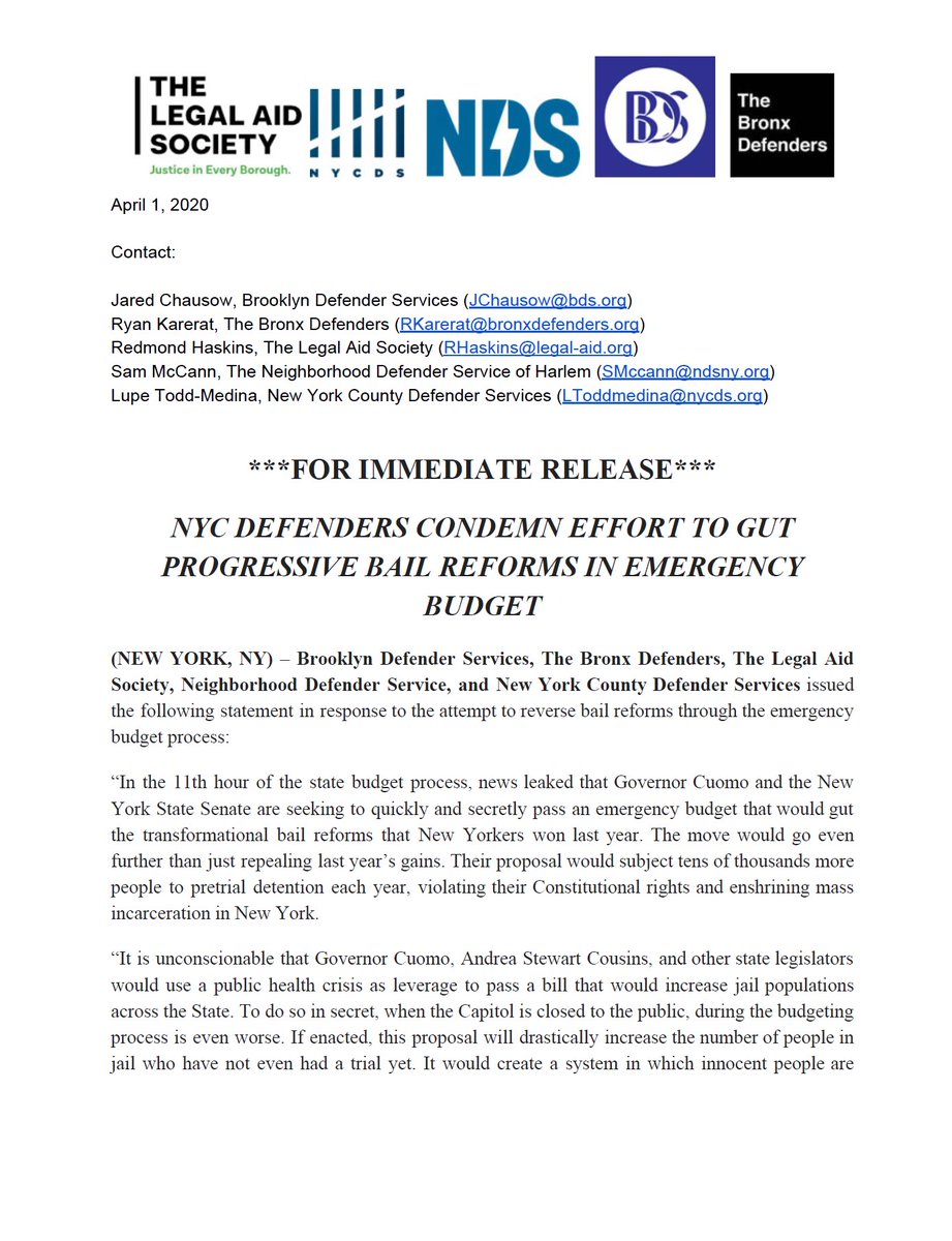 BronxDefenders's tweet photo. ***JOINT DEFENDER STATEMENT ON ATTEMPTS TO GUT BAIL REFORM***

It is unconscionable that lawmakers would use a public health crisis as leverage to pass a bill that would increase jail populations across the state.

This would ultimately set New York decades backwards

#BailReform https://t.co/A1bRpzQPyI