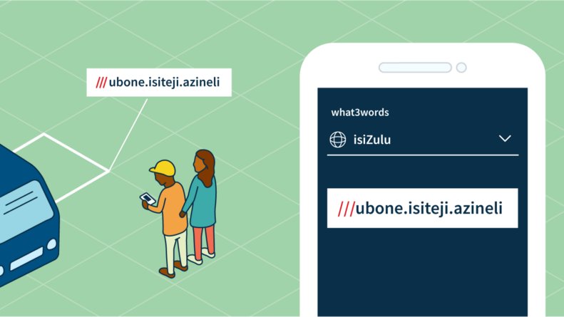 Animation showing two people entering a what3words address on their mobile phone.