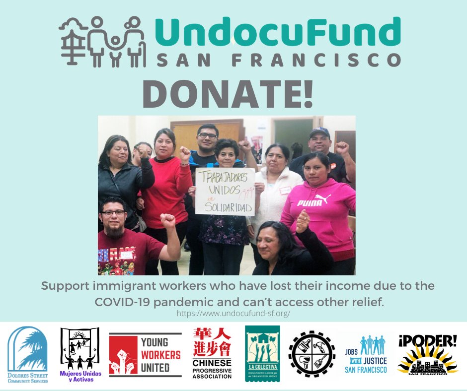 PODERSF's tweet image. #Undocumented people care for our children &amp;amp; elderly parents; clean our homes and hotel rooms; and cook and serve our restaurant meals. Many can't work right now, &amp;amp; can't pay their rent or feed their children. Support them by donating to #UndocuFund SF!
bit.ly/undocufund