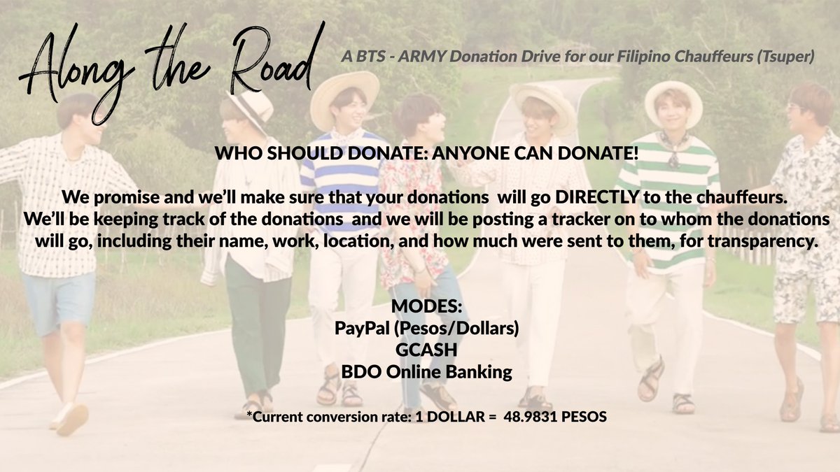 [ALONG THE ROAD: A BTSxARMY DONATION DRIVE FOR OUR FILIPINO CHAUFFEURS]Many of our "tsuper" are in need of your help! While some of you eat 3 times a day, their families are worrying where or how to get food.Let's help more people in battling COVID-19. #BTS    #BTSARMY  