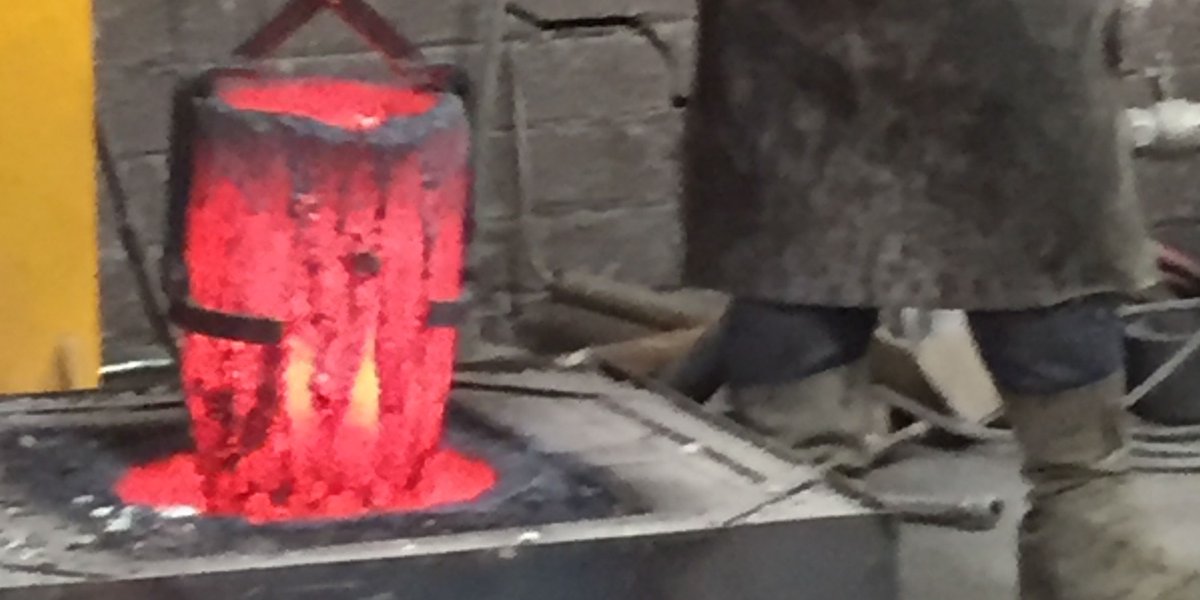 GillyTSculpture's tweet photo. Create an original - make a mold - make a wax - make another mold with ceramic shell - let shell dry for four days - fire ceramic shell to loose wax - pour liquid bronze which is what's happening here  #foundrywork  One day a beautiful bronze will appear . . . https://t.co/6ahFY0p446