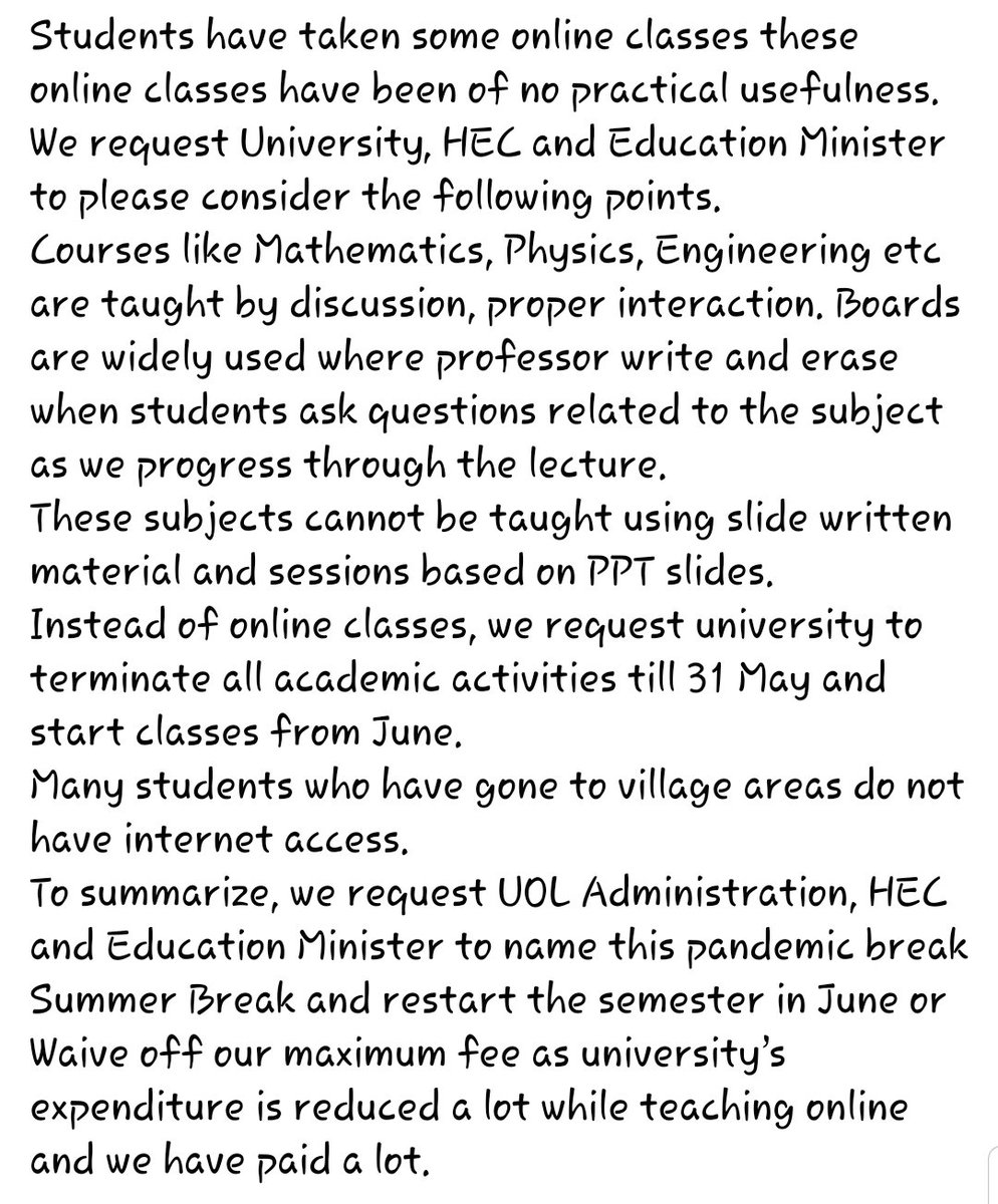 iUsamahere's tweet photo. Moreover Institute is asking to freeze Semester which cannot avail online lecture. This behaviour is so cruel.
We want Semester to be taken in Summer (June-Sept)
#WeRejectOnlineEdu
#We_Want_Semester_Break
#SuspendOnlineClasses
#HelpUsHEC
#HelpUsPM https://t.co/cJFlKLa58n