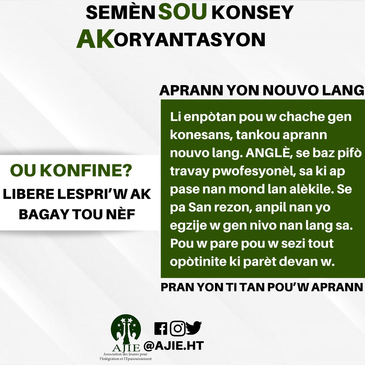 Charmay2621's tweet photo. Gen anpil opotinite nan aprann nouvo bagay
Pran yon ti tan pou ou aprann!
#AJIEHT #Konfinman https://t.co/1LGhtNfNcU