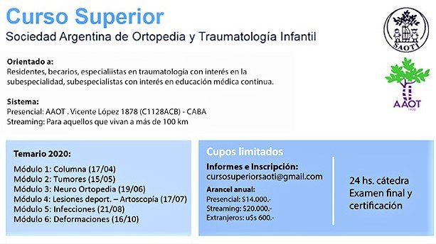 AAOTorg's tweet photo. Curso Superior Bianual #SAOTI inscripción hasta el viernes 3/04.
Categorizado por el Comité de Educación Médica #AAOT otorga 2 puntos.
Info: https://t.co/zq0uZGvjGm
https://t.co/Bc8LwBxjmJ o cursosuperiorsaoti@gmail.com #traumatología #ortopedia #traumatologíainfantil
@SAOTI11 https://t.co/wAJTmb7Jkd