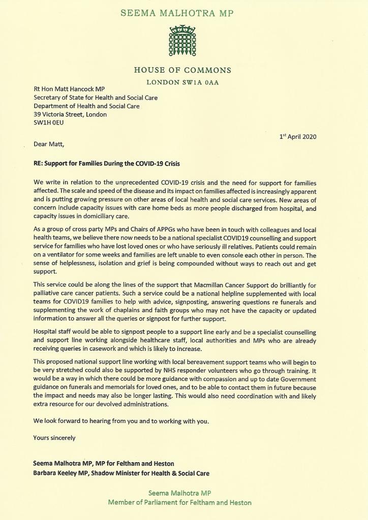 SeemaMalhotra1's tweet image. Today with cross party MPs &amp;amp; Peers &amp;amp; support of 4 APPGs I have written to the Health Secretary to call for a National COVID-19 Support Helpline RT @IndyVoices: We cannot abandon bereaved families – we need a coronavirus helpline now |  independent.co.uk/independentpre…