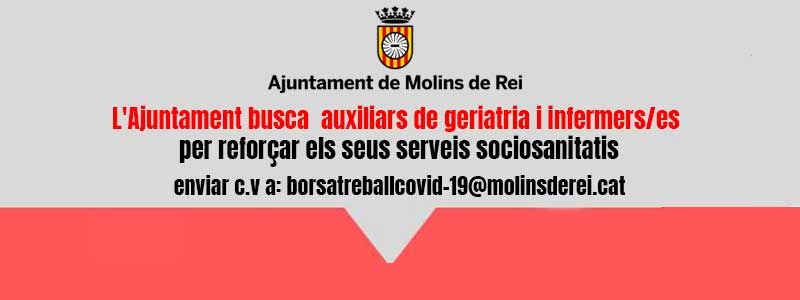 📡L'<a href="/AjMolinsdeRei/">Ajuntament de Molins de Rei</a> busca personal d'auxiliar de geriatria i infermers/es per reforçar els serveis sociosanitaris

✅ Enviar el vostre CV a borsatreballcovid-19@molinsderei.cat 

🌐 molinsderei.cat/uncategorized-…

#feina #ocupació #molinscovid19 #molinsderei