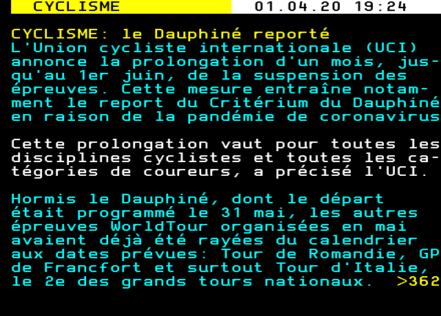 CYCLISME: le Dauphiné reporté