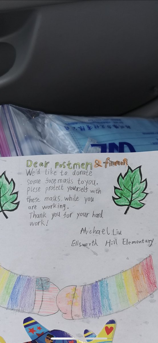MrsLukingbeal's tweet photo. Proud of Ellsworth Hill Second grader, Michael, and his mom for their generous donation of face masks to Hudson EMS, Fire Chief and Postoffice workers. #WeAreHudson https://t.co/l7xOsQI5sU