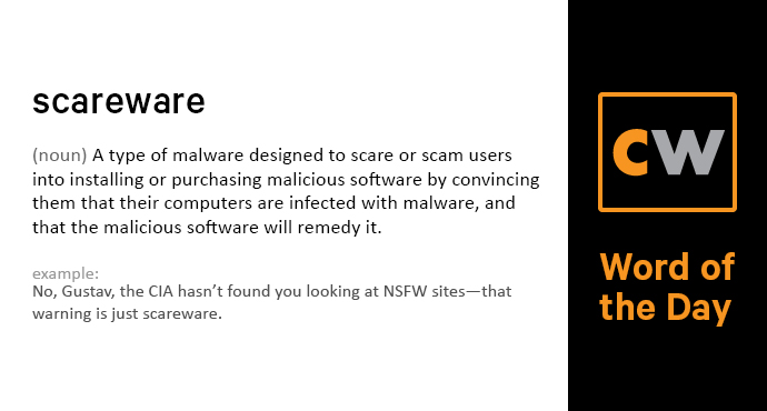 thecyberwire's tweet photo. “No, Gustav, the CIA hasn’t found you looking at NSFW sites--that warning is just #scareware.” #CWLearn https://t.co/Tcg54aTcqJ