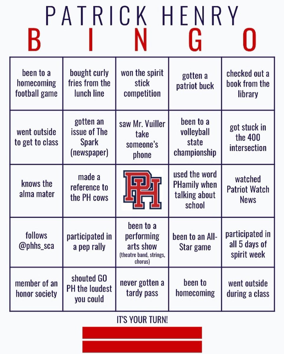 Posted by <a href="/phhs_sca/">Patrick Henry SCA</a>: Patriots! We are getting with the trend! Share this image on our feed or in our story on your instagram account. Then all you have to do is circle which spaces you have done! Let’s see if you got BINGO! Be sure to tag 3 other patriots too!! #PHamily #uniPHied