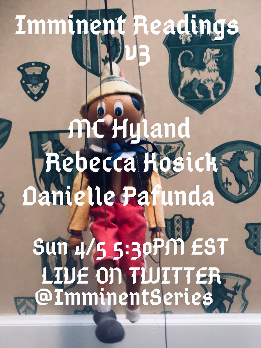 Imminent Readings (@imminentseries) on Twitter photo This Sunday 4/5 please tune in for the 3rd volume of Imminent Readings. w/ MC Hyland <a href="/sidebrow/">sidebrow</a> @RebeccaKosick <a href="/goliasbooks/">Golias Books</a> & @DPafunda <a href="/the_OS_/">the operating system & liminal lab</a>
<a href="/RicochetEds/">Ricochet Editions</a> <a href="/dusie_/">DUSIE</a> We go live Sunday at 5:30pm EST here on Twitter. This Sunday 4/5 please tune in for the 3rd volume of Imminent Readings. w/ MC Hyland <a href="/sidebrow/">sidebrow</a> @RebeccaKosick <a href="/goliasbooks/">Golias Books</a> & @DPafunda <a href="/the_OS_/">the operating system & liminal lab</a>
<a href="/RicochetEds/">Ricochet Editions</a> <a href="/dusie_/">DUSIE</a> We go live Sunday at 5:30pm EST here on Twitter.
