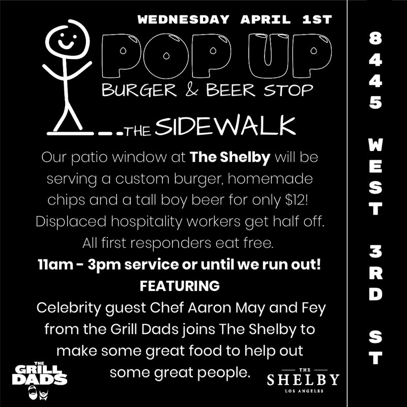 Hey #LA if you’re looking for Takeaway lunch today stop by @theshelbyla for their sidewalk #popupshop for some delicious burgers to-go cooked by @thegrilldads AND First Responders eat for FREE. #payitforward If you’re in the area, stop by. @KTLA @ABC7 @935KDAY