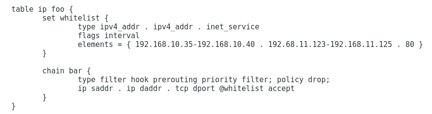Netfilter42's tweet photo. Nftables 0.9.4 includes range support in concatenation: multi dimension sets can be composed with range of objects: https://t.co/zYp1eeh4ra