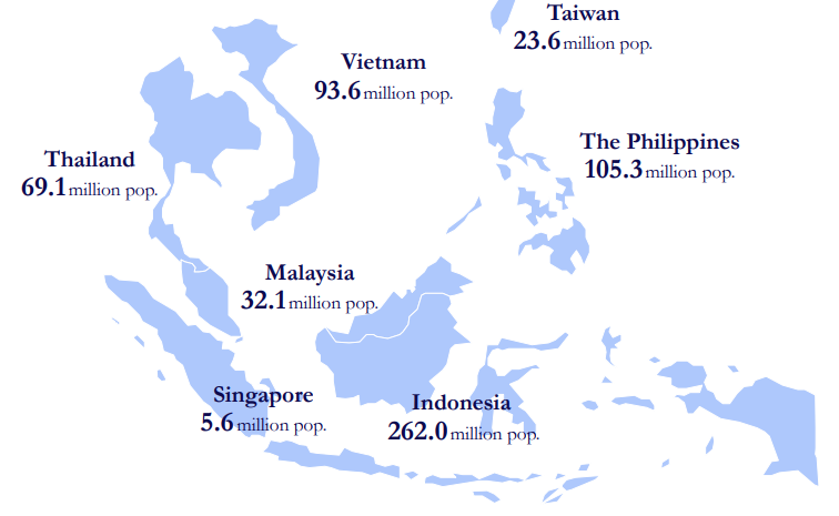 3/nZona de influencia: Sudeste de Asia- Indonesia- Malasia- Filipinas- Singapur- Vietnam- Taiwan- Tailandia591 Millones de habitantes315 Millones de personas con acceso a internet237 Millones de personas con smartphone