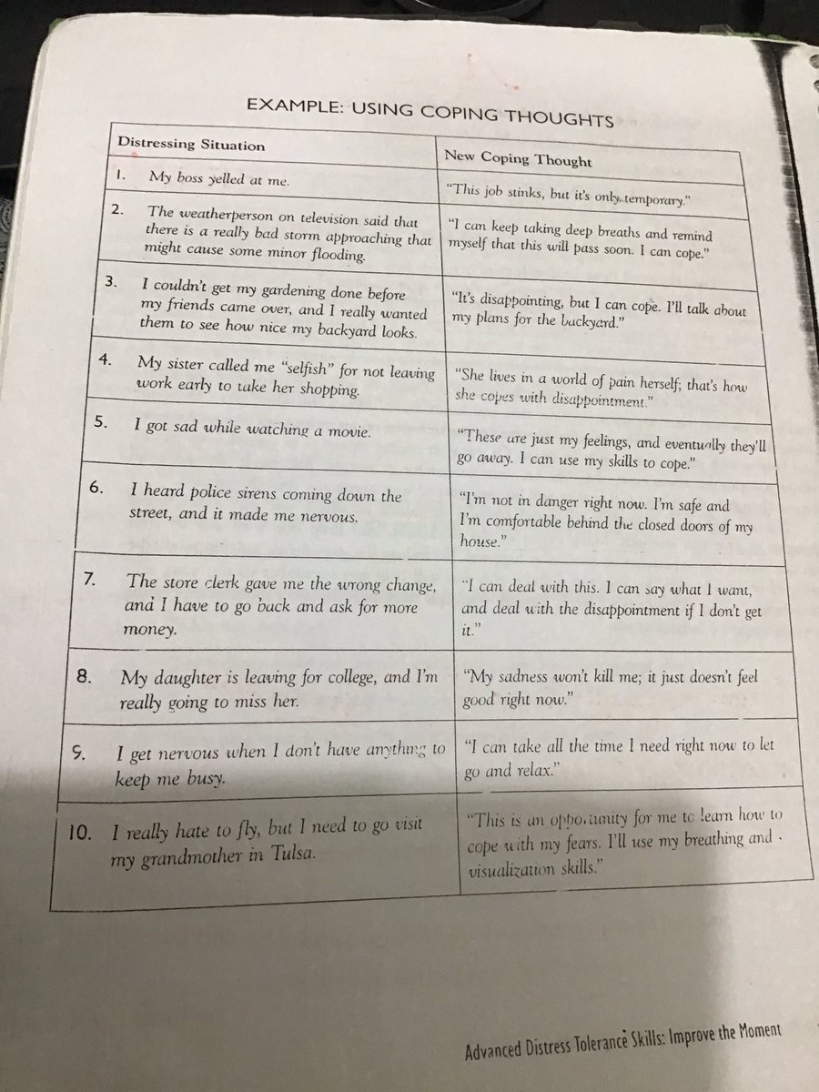 - coping thoughts 2 - make 2 columns write down stuff thats stressing u rn on the left and write a new coping thought in the righte.g.distressing thought = im uselessnew coping thought = my worth is not based on my productivity. i can still do good thingsmore examples: