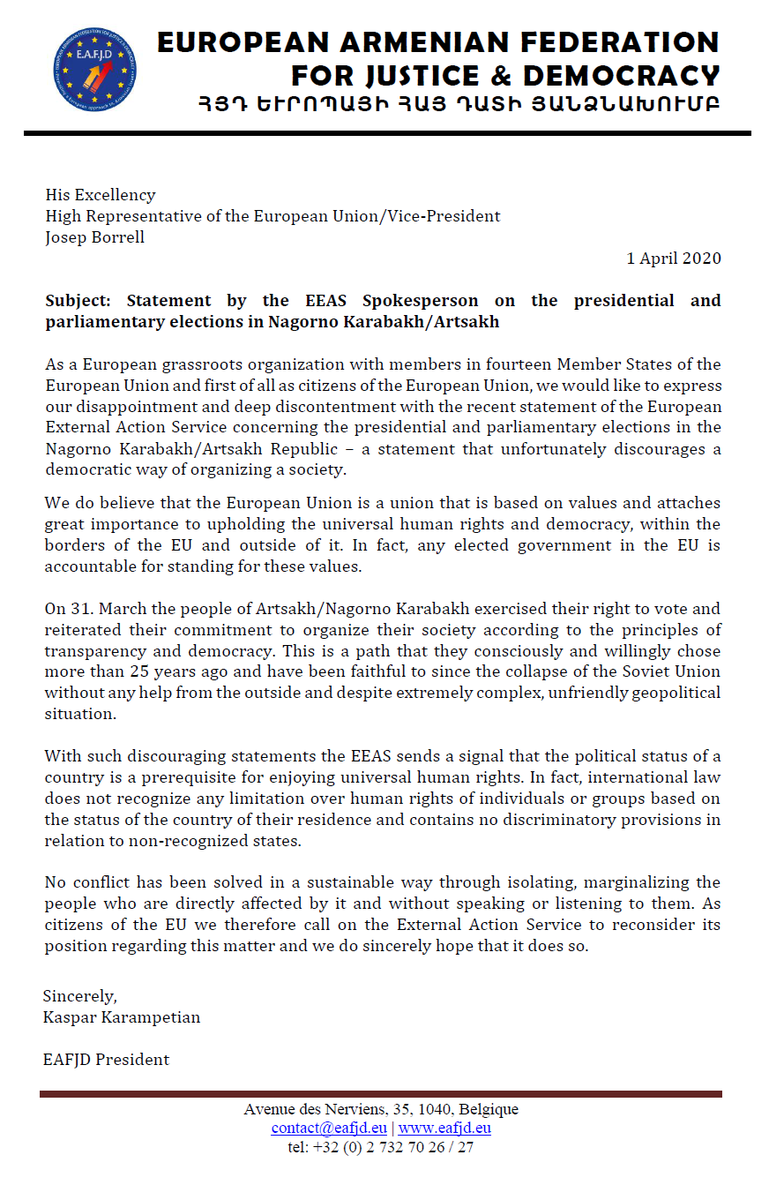 eafjd's tweet photo. In an open letter sent to @JosepBorrellF (HR #EU/@EU_Commission VP), we expressed our disappointment & deep discontentment with the recent statement of @eu_eeas's Spokesperson (@ExtSpoxEU) concerning the presidential & parliamentary elections in #NagornoKarabakh #Artsakh Republic https://t.co/9Nft9lYxF2