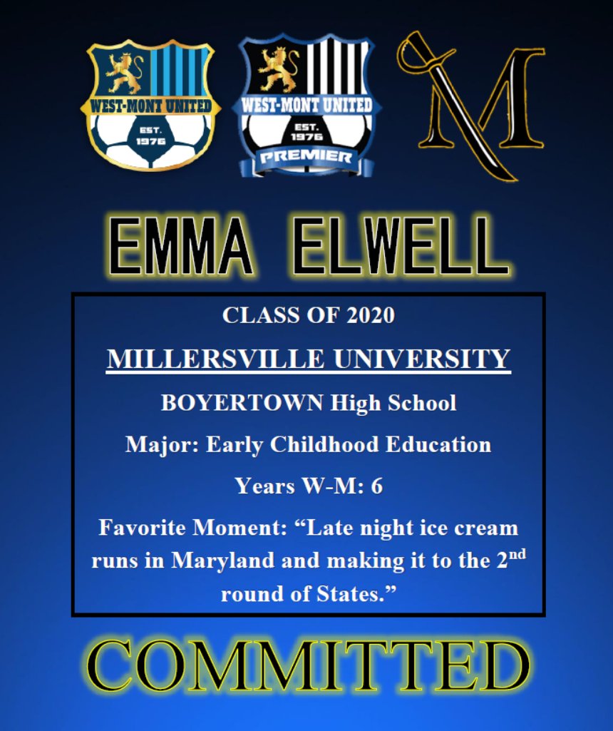 Congratulations to <a href="/EmmaElwell5/">Emma Elwell</a> on her commitment to continue her athletic and academic career <a href="/VilleMarauders/">Millersville Marauders</a> <a href="/VILLEwsoc/">Millersville Women's Soccer</a> We wish you all the best and thank you for your dedication and hard work over the years! #wmusafamily #playerdevelopment