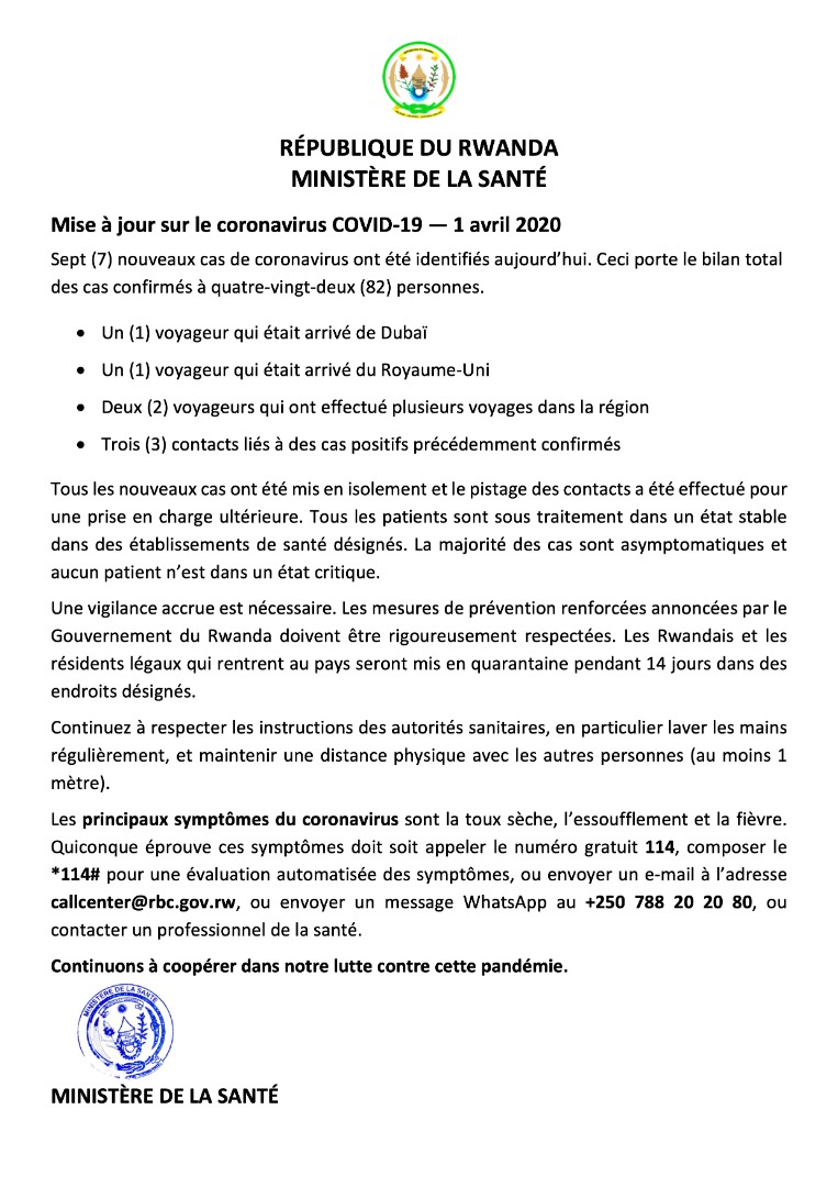 01.04.2020
Amakuru Mashya kuri Koronavirusi COVID-19 / Update on COVID-19 Coronavirus / Mise à Jour sur le Coronavirus COVID-19