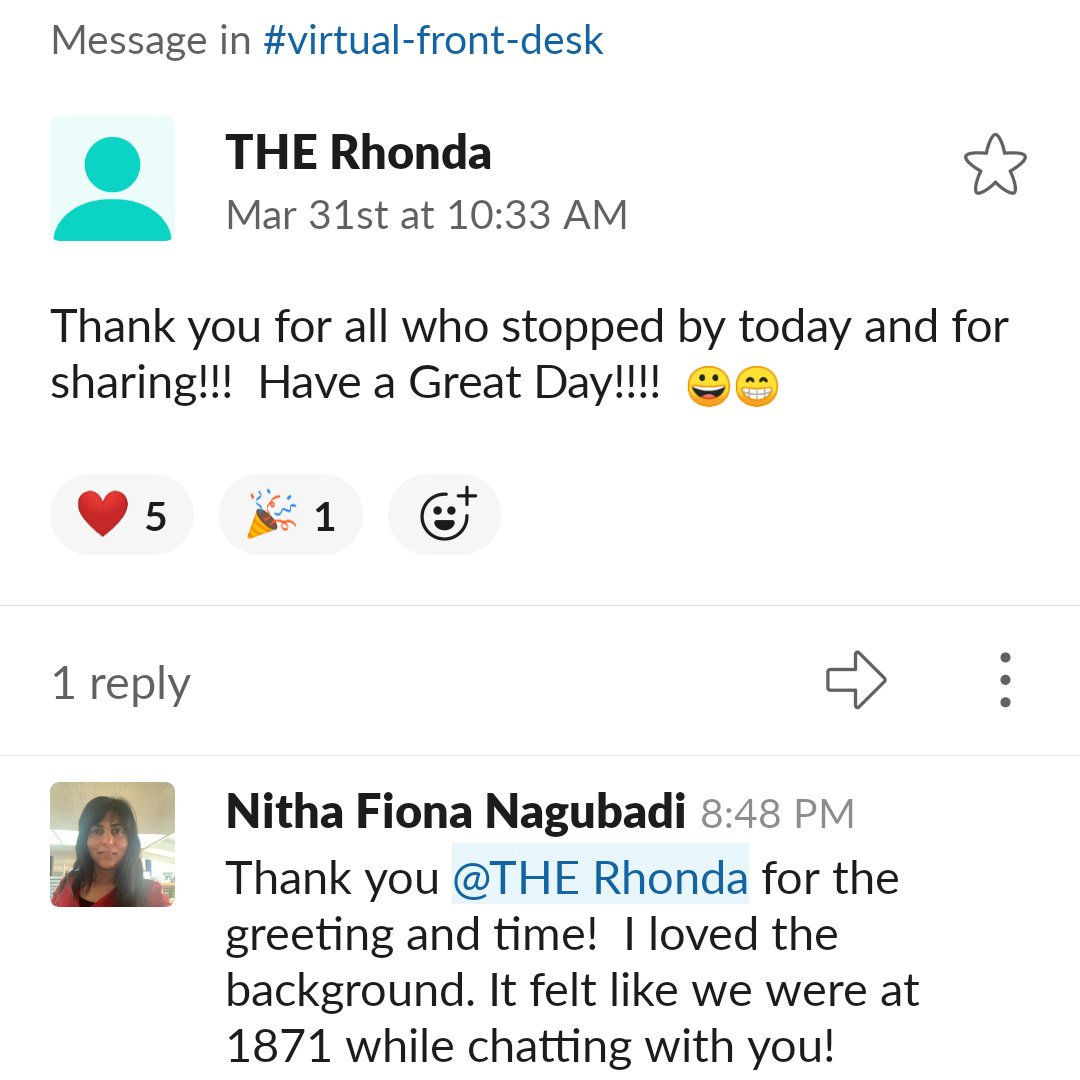 1871tech's tweet photo. By member request, we launched a #virtualfrontdesk this week so that #TheRhonda can continue to spread cheer and happiness to our members at the 🌞 start of every day! So far, it's been positively joyous 🌈 https://t.co/RsM4WhTrzF