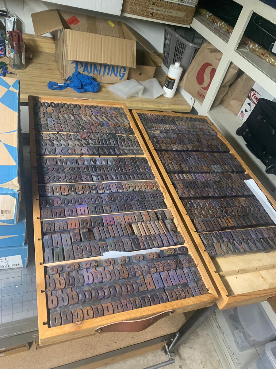 evanmacdonald's tweet photo. 2 years after leaving the USA, I finally gave my letterpress to my brother-in-law (just weeks before the lockdown). He's home, printing #linoblocks and organizing the #woodtype collection. So glad it's in good hands! https://t.co/7c11bx91LL