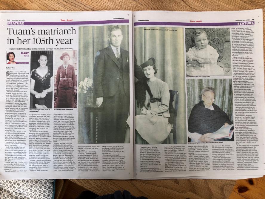 HardimanLife's tweet photo. Thanks to @TuamHerald for this feature on our granny. She's lived through the war of independence, world war II,the polio epidemic of the 40s/50s. Her words of wisdom for everyone: "i advise people to foster their talents and i encourage community spirit and cohesion". https://t.co/6Q1vF0HIig