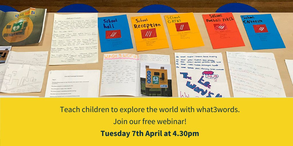 School table with what3words activities on it. Teach children to explore the world with what3words. Join our free webinar! Tuesday 7th April at 4.30pm.