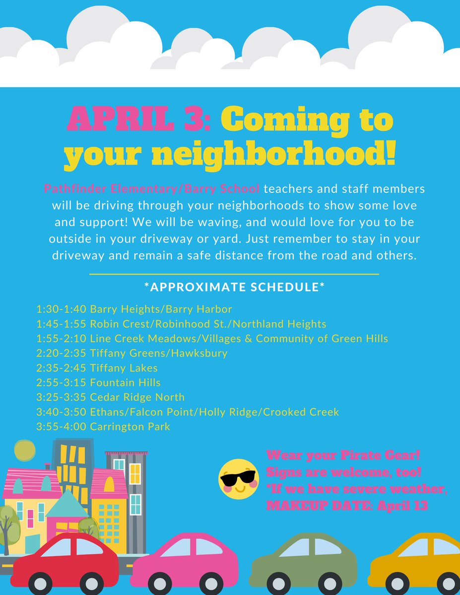 PlatteCountyR3's tweet photo. COMING TO YOUR NEIGHBORHOOD: Teachers &amp; staff members will be driving through your neighborhoods to show you some love, this Fri, Apr 3 (Apr 13 Makeup day)! Wear Pirate gear &amp; signs are welcome! We can't wait to see you! See fliers for *approximate* schedule. #StayConnectedPCR3 https://t.co/t67oHeo94c
