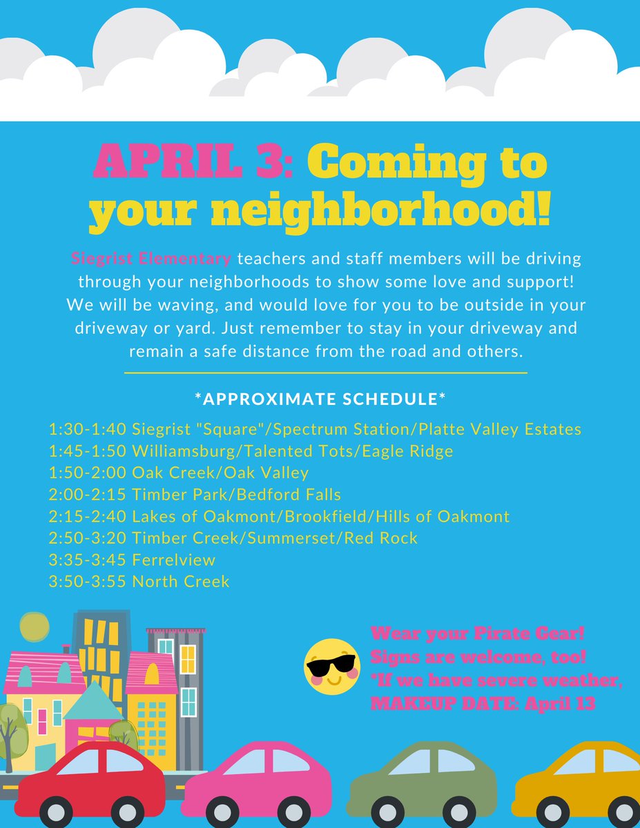 PlatteCountyR3's tweet photo. COMING TO YOUR NEIGHBORHOOD: Teachers &amp; staff members will be driving through your neighborhoods to show you some love, this Fri, Apr 3 (Apr 13 Makeup day)! Wear Pirate gear &amp; signs are welcome! We can't wait to see you! See fliers for *approximate* schedule. #StayConnectedPCR3 https://t.co/t67oHeo94c