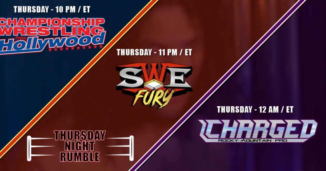 WatchRightNowTV's tweet photo. Don't miss Thursday Night Rumble THIS Thursday on Right Now Tv.  Three times the wrestling action with Championship Wrestling from Hollywood at 10 PM, SWE Fury at 11PM and Rocky Mountain Pro Charged at 12 AM (all times Eastern). https://t.co/j8S6X7VvWy