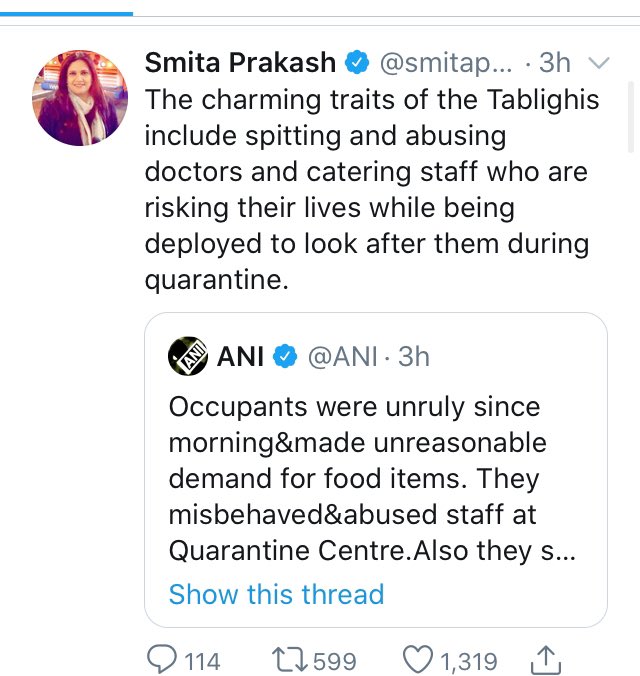 Hi  @mfriedenberg  @stephenjadler  @reginaldchua Please see the blatantly insensitive & Islamophobic tweets of  @smitaprakash the editor of  @ANI in which  @Reuters has a stake. She taunts Muslims quarantined for Covid19 &wants them to be shifted to the desert. Do you approve of this?