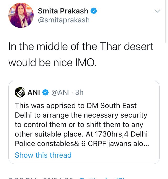 Hi  @mfriedenberg  @stephenjadler  @reginaldchua Please see the blatantly insensitive & Islamophobic tweets of  @smitaprakash the editor of  @ANI in which  @Reuters has a stake. She taunts Muslims quarantined for Covid19 &wants them to be shifted to the desert. Do you approve of this?