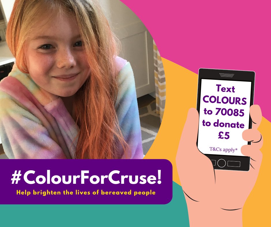 CruseSupport's tweet photo. Right now, bereaved people are feeling more alone than ever π
Help us to brighten their lives by taking on our #ColourForCruse challenge! π
Give your hair a colourful makeover like 7 year-old Scarlett here, then post a snap of your fresh new 'do and ask people to donate π https://t.co/Gh8lC1wEeF