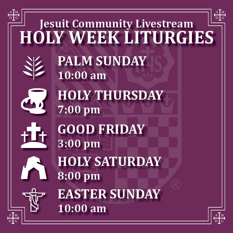 RegisJesuitHS's tweet photo. For Holy Week, our Jesuits will be livestreaming all liturgies from Palm Sunday through the Triduum and Easter. Links available here: https://t.co/SHMm0EpruV Please invite family and friends to join the #RJCommunity. #RJPrays #RaidersTogether @RJ_Media @eramirezsj @ArchDenver https://t.co/re43vJN1iF