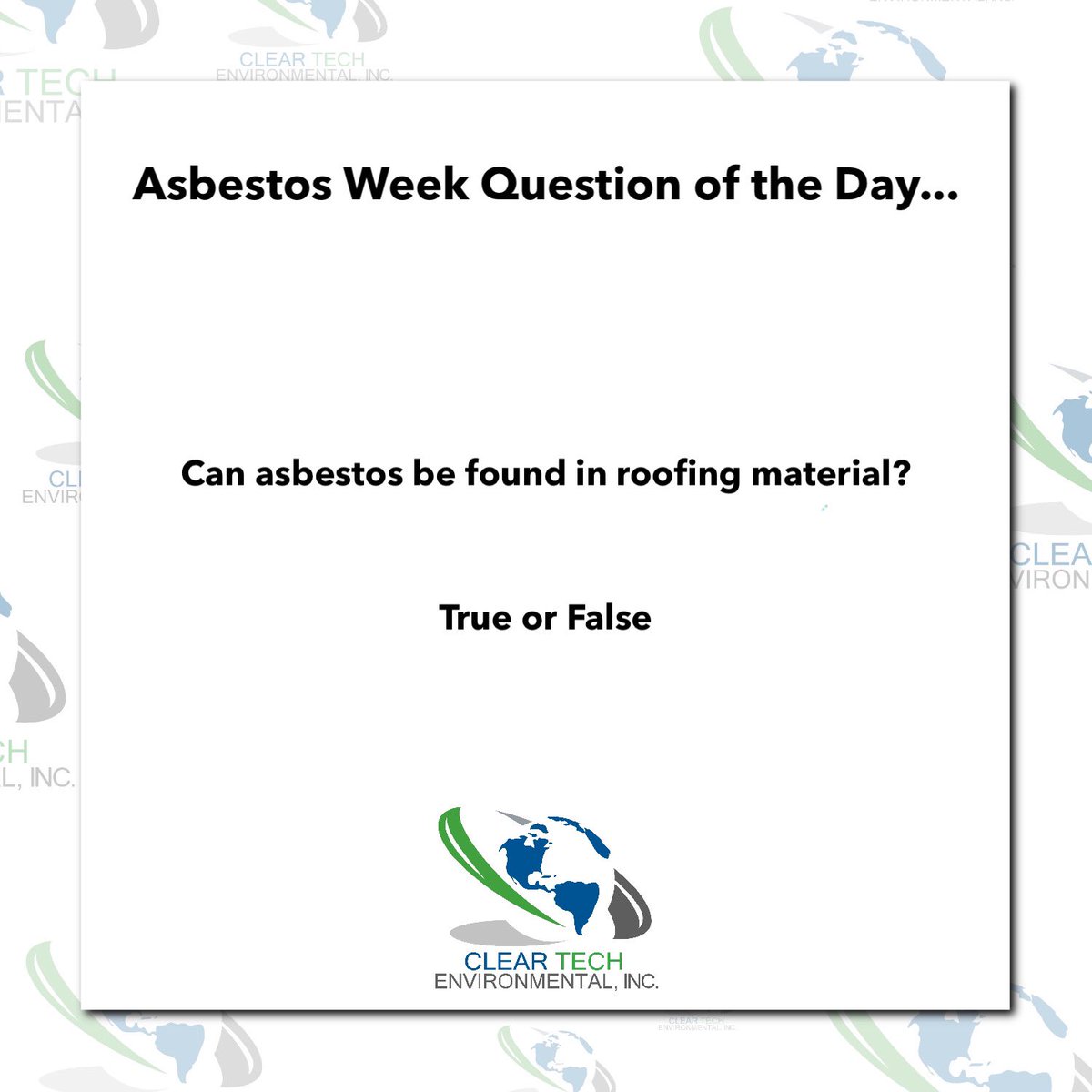 ClearTechEnv's tweet image. In celebration of 🌎 Global  Asbestos Awareness Week, please join us for 7 days of asbestos trivia questions for a chance to win $100 Visa gift card. You’ll earn 1 entry into our drawing for every right answer and quadruple your chances by playing on LinkedIn, FB &amp;amp; IG as well.