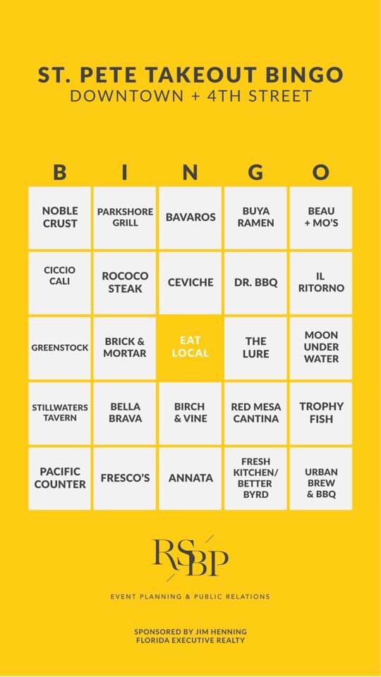 SarahHollenbeck's tweet photo. SUPPORTING LOCAL BUSINESSES: Tonight @abcactionnews I’ll show you the new #TakeoutBingo game just launching in @StPeteFL &amp; @CityofTampa to help drive business to restaurants. STORY at 6:15! @rsbpevents @dtsp #COVID19 #coronavirus #DineLocal https://t.co/MnLdxDF9xD