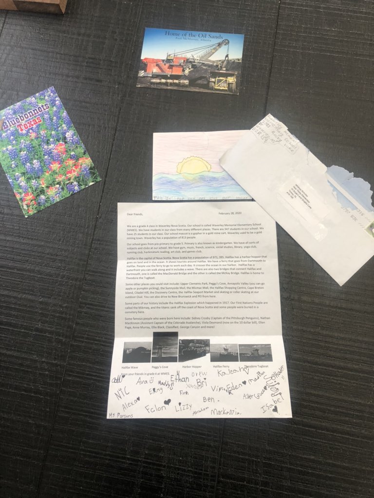 mrsnicholas9's tweet photo. Sharing mail virtually again today from Texas, Alberta &amp; Nova Scotia. Huge shout out to @dleparsons  grade 4s @WMESchool &amp; a special thank you to Addi for the beautiful postcard! 💕 🌎 @HTE_K4 @RMitchell_HTE @NLESDCA https://t.co/rH2BFoOJqB
