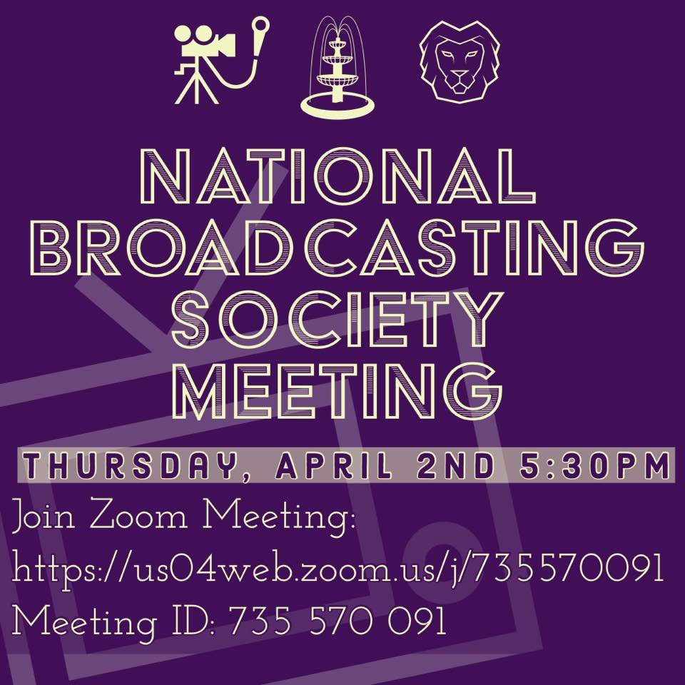 una_nbs's tweet photo. Join the National Broadcasting Society University of North Alabama Chapter for a meeting via Zoom on Thursday! They will be having officer nominations for the upcoming year and a discussion of plans for next semester! #myuna #myunacom #roarlions https://t.co/O8smUsbiMh